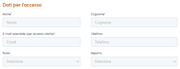 Sezione dati per l'accesso del modulo di registrazione Fluid-Hub con campi per nome, cognome, email aziendale, telefono, ruolo e reparto