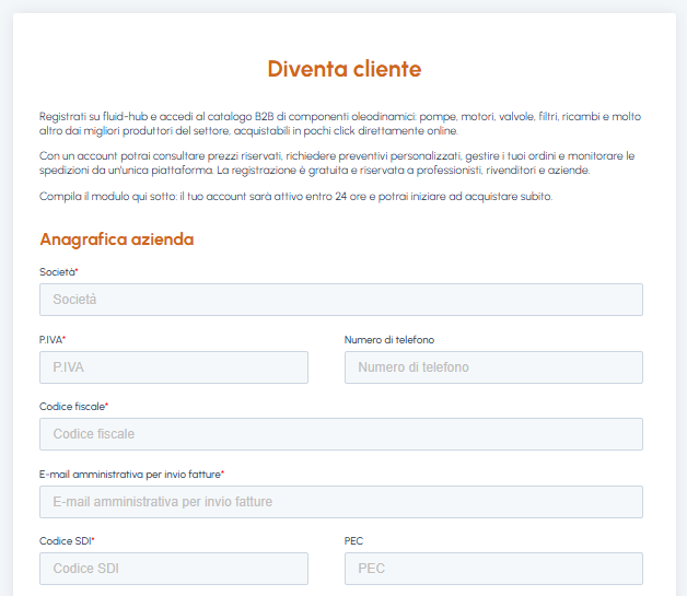 Modulo di registrazione Diventa cliente su Fluid-Hub con campi per anagrafica azienda, partita IVA, codice fiscale e codice SDI