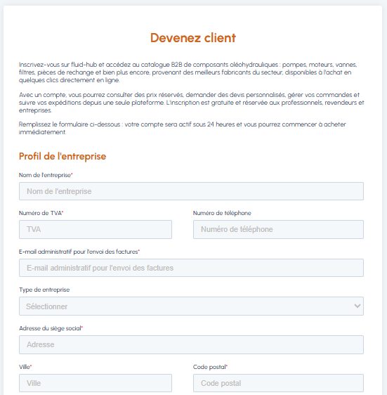 Formulaire d'inscription Devenez client sur fluid-hub avec champs profil entreprise, numéro de TVA, téléphone et adresse du siège social