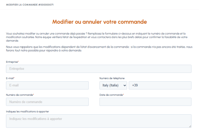 Formulaire Modifier ou annuler votre commande sur fluid-hub avec champs pour entreprise, email, téléphone, numéro de commande, date et modifications à apporter