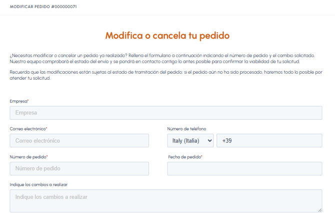 Formulario Modifica o cancela tu pedido en fluid-hub con campos para empresa, correo electrónico, teléfono, número de pedido, fecha y cambios a realizar