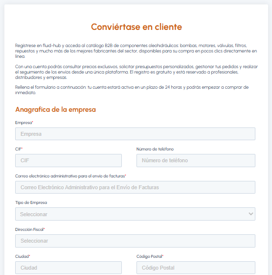 Formulario de registro Conviértase en cliente en fluid-hub con campos de datos de empresa, CIF, teléfono y dirección fiscal