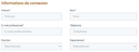 Section informations de connexion du formulaire d'inscription fluid-hub avec champs prénom, nom, email professionnel, téléphone, fonction et département