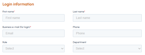 Login information section of fluid-hub registration form with fields for first name, last name, business email, phone, role and department