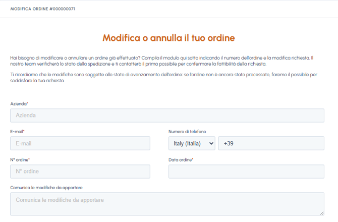 Modulo Modifica o annulla il tuo ordine su fluid-hub con campi per azienda, email, telefono, numero ordine, data e modifiche richieste