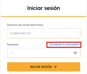 Pantalla de inicio de sesión de fluid-hub con los campos de correo electrónico y contraseña y el enlace ¿Olvidaste tu contraseña? resaltado.