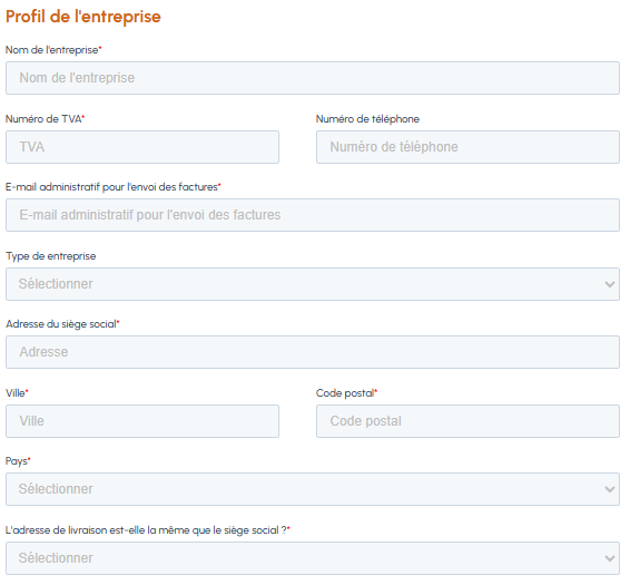 Section profil de l'entreprise du formulaire d'inscription fluid-hub avec champs nom, numéro de TVA, téléphone, email, type d'entreprise, adresse du siège social et adresse de livraison