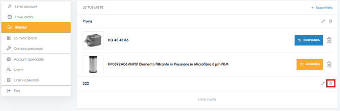 Pagina Wishlist di fluid-hub con icona elimina lista evidenziata accanto alla lista 222