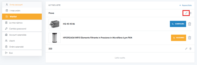 Pagina Wishlist di fluid-hub con icona modifica nome lista evidenziata accanto alla lista Prova