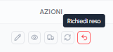 Pulsante Richiedi reso con tooltip nell'elenco ordini di fluid-hub