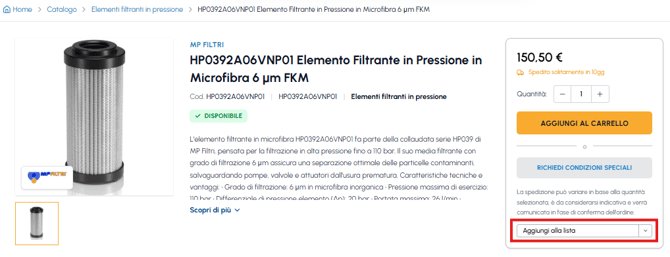 Scheda prodotto elemento filtrante MP Filtri su fluid-hub con pulsante Aggiungi alla lista evidenziato per salvare il prodotto nella wishlist