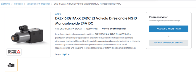 Scheda prodotto fluid-hub della valvola direzionale ATOS DKE-1610 NG10 monosolenoide 24V DC con prezzo riservato e pulsante di registrazione