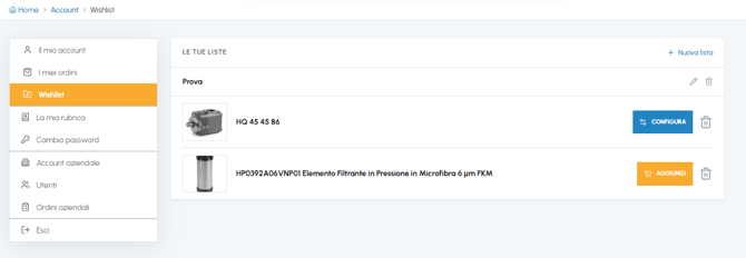 Pagina Wishlist nell'area account fluid-hub con lista prodotti salvati, pulsanti configura e aggiungi al carrello e opzione nuova lista