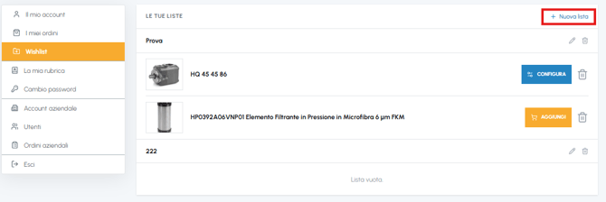 Pagina Wishlist di fluid-hub con pulsante Nuova lista evidenziato per creare una lista prodotti aggiuntiva